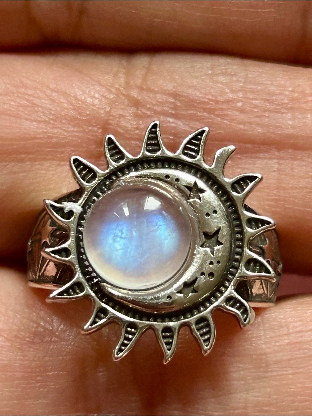 Moonstone Sterling Silver S925 Stamped Band Sun Moon Stars Ring New Jewelry